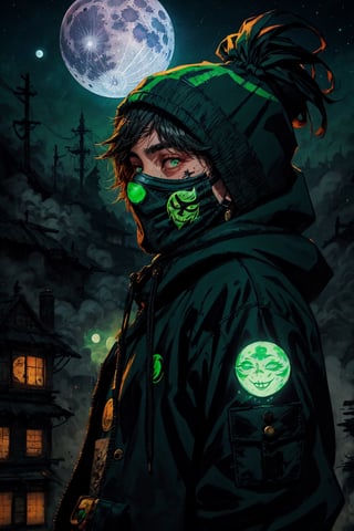 painting with visible brush strokes, a man puting a mask for died gas, clothe: black hoddie, eyes for the mask green glows, in a mystical city into night, green moon, comic style.,crazy