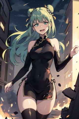 a detailed illustration of a girl, solo focus, masterpiece, best quality, highres, absurdres, 8k wallpaper, ultra detailed, extremely delicate and beautiful, cinematic lighting, detailed ambient light, backlighting, crepuscular rays, (long green hair, gradient inside hair, chinese hairstyle 2 hair buns), deep green eyes, beautiful detailed face, medium breasts, symmetrical breasts, skinny and fit body, thigh gap, [shadow, green glow, green aura, fog, flames], crumbled buildings, nighttime, (black long chinese dress), (dynamic pose, dynamic angle), medium shot, Solo Levelling, fans in the hands, long black stockings, open mouth, bratty smirk, bratty laughing, front view, shoulder free, no armor, no shoulder pads, bratty look,