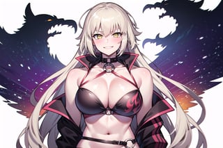 8k, masterpiece, best quality, 1girl, summer_jalter, yellow_eyes, long hair, large breasts, breast cleavage, mature, single thighhigh, white hair, thigh strap, bikini, simple background, evil smile, blush, looking at viewer