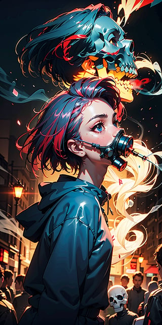 ((masterpiece)), a beautiful woman with a modern (modern gas mask (based on a skull)), metallic details, ultra detailed, 3D, hyper-detailed eyes, ((colorful smoke)), bright colors, cinematic light, perfect chiaroscuro , cityscape, modern clothing, symmetrical eyes, disheveled hair, (modern character style), (attractive facial expression), ((dynamic pose)), professional makeup, youth clothing, Futuristic hooded sweater, ((Iris red color)) , Intense contrast, ((Nightlife)), SILHOUETTE LIGHT PARTICLES