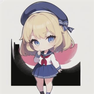 best quality, 1 girl,solo Cute girl, chibi, full body, standing, white background,medium hair, blond hair, blue eye, sailor uniform, white Beret, 