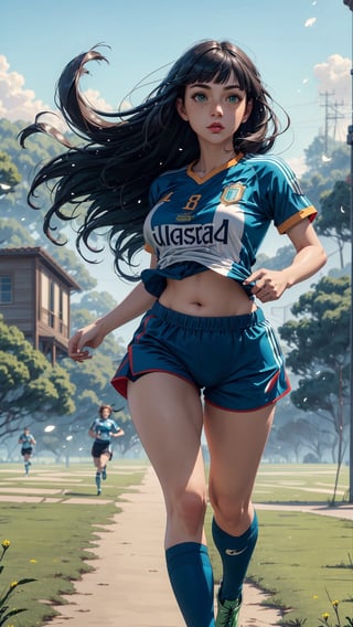 ((masterpiece)), (best quality), (cinematic), a woman with an Argentina shirt, soccer shorts, running through an open field, long black hair, bangs, chubby, wide hips, full body, green eyes , freckles on cheeks, wind, detailed face, detailed body, floating particles, (colorful cinematic), (extremely detailed), inspired by Studio Ghibli, EpicSky, 4k, 8k, ultra hd, detailed