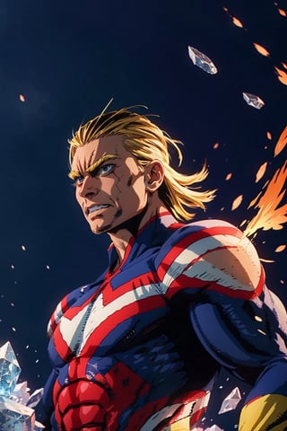 imagine All Might in real life, ultra hd, detailed body, detailed face, detailed eyes, background with lights and floating stones, sparkles, fire, ice, hdr, allmight