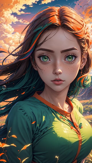 ((masterpiece)), (best quality), (cinematic), a woman in a long white dress, running through an open field, long hair, bangs, chubby, wide hips, green eyes, freckles on her cheeks, wind, detailed face, detailed body, red and orange sky, glow, clouds, vegetation, green plains, floating bubbles, (cinematic, colorful), vast field, (extremely detailed), inspired by Studio Ghibli, EpicSky, cloud, sky, highly detailed , detailed face