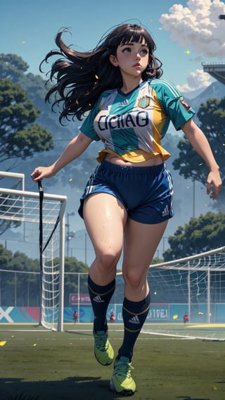 ((masterpiece)), (best quality), (cinematic), a chubby woman with an Argentina shirt, soccer shorts, running through a soccer field, long black hair, bangs, chubby, wide hips, full body, green eyes, freckles on cheeks, wind, detailed face, detailed body, floating particles, (colorful cinematic), (extremely detailed), inspired by Studio Ghibli, EpicSky, 4k, 8k, ultra hd, detailed