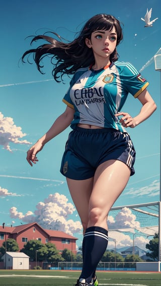 ((masterpiece)), (best quality), (cinematic), a chubby woman with an Argentina shirt, soccer shorts, running through a soccer field, long black hair, bangs, chubby, wide hips, full body, green eyes, freckles on cheeks, wind, detailed face, detailed body, floating particles, (colorful cinematic), (extremely detailed), inspired by Studio Ghibli, EpicSky, 4k, 8k, ultra hd, detailed