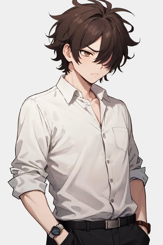 white_background, masterpiece, tall, solo, best quality, straight-on, short hair, mature male, 1boy, brown-hair, brown eyes, messy hair, white shirt, one hand in pocket, scratching head, hair over one eye, serious , older male

leonardo_watch