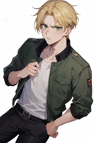 masterpiece, best quality, highres, black pants , straight-on, mature_male, 1boy, white_background, solo, short hair, blonde_hair , green_eyes ,military jacket,open collar , serious,porco_galliard, undercut, t-shirt, eye_narrow, cowboy_shot, portrait 