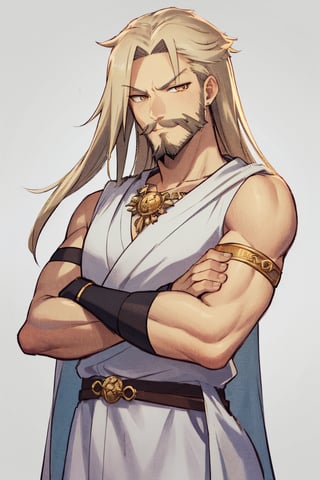 masterpiece, solo, best quality, straight-on, long hair, mature_male, 1boy, viking beard, moustache, platinum-blonde-hair, orange_eyes, white_background,, smirk,gold arm_brace, peplos, white robe, crossed arms, muscular,,alan_stuart,ancient greek clothes,