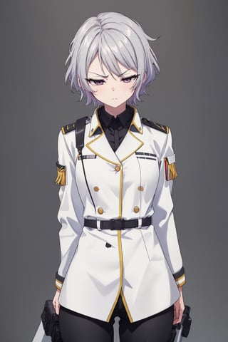 masterpiece, solo, best quality, straight-on, short hair, older_female, 1girl, silver-hair, black_eyes, white_background, serious, medium_breasts, military uniform, black pants, cowboy_shot , ,Eft_phantom_red,sleepy