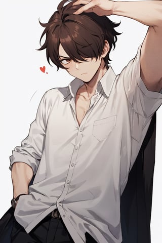 white_background, masterpiece, tall, solo, best quality, straight-on, short hair, mature male, 1boy, brown-hair, brown eyes, messy hair, white shirt, one hand in pocket, scratching head, hair over one eye, serious , older male

leonardo_watch