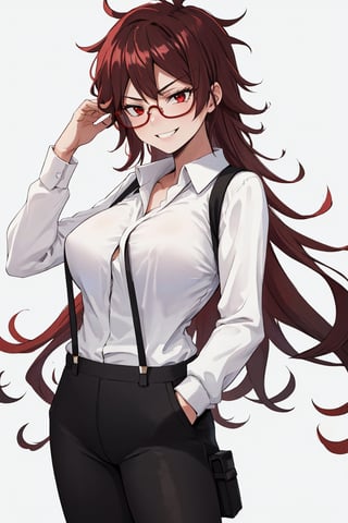 white_background, masterpiece, tall, solo, best quality, straight-on, long hair, mature female, 1girl, brown-hair, red eyes, messy hair, white shirt, one hand in pocket, smug , large breasts,

Red sunglasses , collared shirt, black pants, smiling, suspenders, 

,round_eyewear,