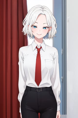 masterpiece, solo, best quality, straight-on, short hair, mature_female, 1girl, medium_breasts, white-hair, blue_eyes, white_background,, collared_shirt, waist-high pants, black pants, hands behind back, red necktie,smirk, ,ferris olston