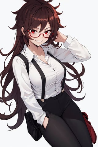 white_background, masterpiece, tall, solo, best quality, straight-on, long hair, mature female, 1girl, brown-hair, red eyes, messy hair, white shirt, one hand in pocket, smug , large breasts,

Red sunglasses , collared shirt, black pants, smiling, suspenders, 

,round_eyewear,