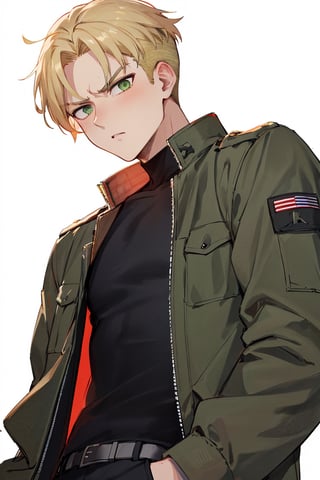 masterpiece, best quality, highres, black pants , straight-on, mature_male, 1boy, white_background, solo, short hair, blonde_hair , green_eyes ,military jacket,open collar , serious,porco_galliard, undercut, t-shirt, eye_narrow, cowboy_shot, portrait 