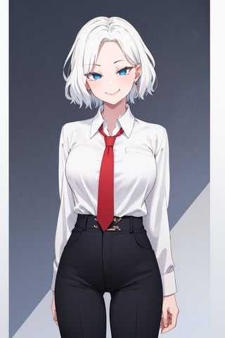 masterpiece, solo, best quality, straight-on, short hair, mature_female, 1girl, medium_breasts, white-hair, blue_eyes, white_background,, collared_shirt, waist-high pants, black pants, hands behind back, red necktie,smirk, ,ferris olston