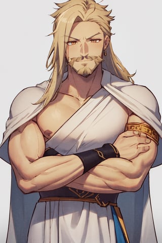 masterpiece, solo, best quality, straight-on, long hair, mature_male, 1boy, full beard, moustache, platinum-blonde-hair, orange_eyes, white_background,, smirk,gold arm_brace, peplos, white robe, crossed arms, muscular,,alan_stuart,ancient greek clothes,