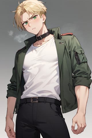 masterpiece, best quality, highres, black pants , straight-on, mature_male, 1boy, white_background, solo, short hair, blonde_hair , green_eyes ,military jacket,open collar , serious,porco_galliard, undercut, t-shirt, eye_narrow, cowboy_shot