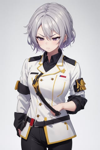 masterpiece, solo, best quality, straight-on, short hair, older_female, 1girl, silver-hair, black_eyes, white_background, serious, medium_breasts, military uniform, black pants, cowboy_shot , ,Eft_phantom_red,sleepy