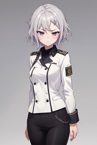 masterpiece, solo, best quality, straight-on, looking at viewer, short hair, older_female, 1girl, silver-hair, black_eyes, white_background, serious, medium_breasts, military uniform, black pants, cowboy_shot , ,Eft_phantom_red,sleepy, arms to side