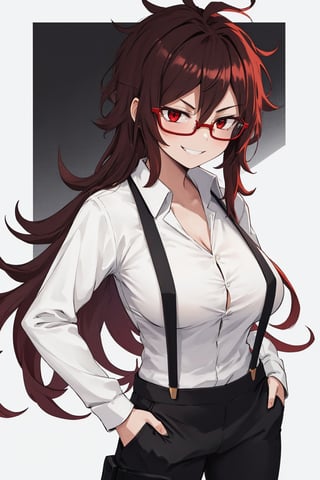 white_background, masterpiece, tall, solo, best quality, straight-on, long hair, mature female, 1girl, brown-hair, red eyes, messy hair, white shirt, one hand in pocket, smug , large breasts,

Red sunglasses , collared shirt, black pants, smiling, suspenders, 

,round_eyewear,