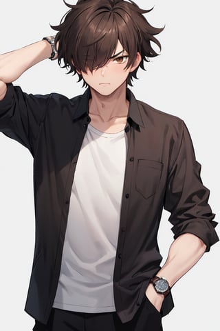 white_background, masterpiece, tall, solo, best quality, straight-on, short hair, mature male, 1boy, brown-hair, brown eyes, messy hair, white shirt, one hand in pocket, scratching head, hair over one eye, serious , older male

leonardo_watch