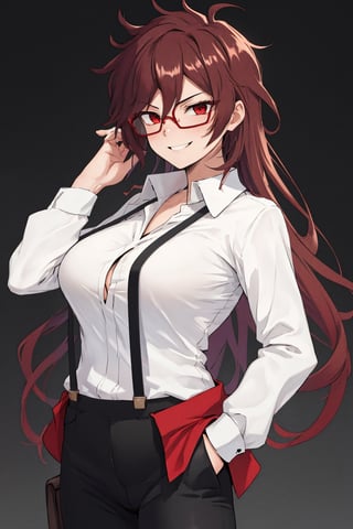 white_background, masterpiece, tall, solo, best quality, straight-on, long hair, mature female, 1girl, brown-hair, red eyes, messy hair, white shirt, one hand in pocket, smug , large breasts,

Red sunglasses , collared shirt, black pants, smiling, suspenders, 

,round_eyewear,