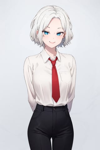 masterpiece, solo, best quality, straight-on, short hair, mature_female, 1girl, medium_breasts, white-hair, blue_eyes, white_background,, collared_shirt, waist-high pants, black pants, hands behind back, red necktie,smirk, ,ferris olston