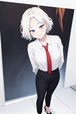 masterpiece, solo, best quality, straight-on, short hair, mature_female, 1girl, medium_breasts, white-hair, blue_eyes, white_background,, collared_shirt, waist-high pants, black pants, hands behind back, red necktie,smirk, ,ferris olston, full_body, high_heels