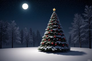 makes an image with maximum detail, a Christmas tree on the right side finely decorated by shiny red spheres, ribbons of various clear colors, in the background snowflakes falling in the landscape, it is a clear night illuminated by the moon which can be glimpsed in the top left with a beautiful shine, Fullbody photorealistic, best quality,high resolution, 8K masterpiece, photograph, confident posture, Masterpiece, intricate details, high resolution,<lora:659111690174031528:1.0>