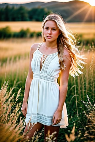 A photorealistic, ultra highly intricate detailed, professional photo of a young blonde woman, 21 years old, standing in a field during golden hour. The warm sunlight casts a soft, golden glow on her hair and face. She is wearing a flowing white dress that gently moves with the breeze. The background is a beautiful blur of tall grass and wildflowers, with bokeh effects enhancing the dreamy atmosphere. The image should be of the best quality, sharp focus, masterpiece, 8k high definition, insanely detailed and intricate.