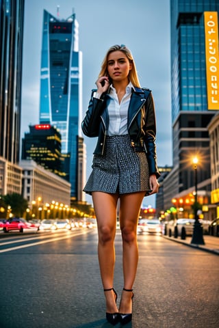 A photorealistic, ultra highly intricate detailed, professional photo of a young blonde woman, 20 years old, in an urban setting. She is wearing a chic, modern outfit with a stylish jacket and high heels. The cityscape behind her is bustling with life, featuring skyscrapers and streetlights. The lighting is dramatic, with shadows highlighting her features. The image should be of the best quality, sharp focus, masterpiece, 8k high definition, insanely detailed and intricate.