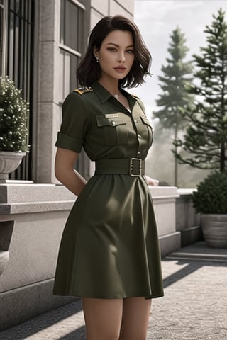 elegantly dresses in her army fatigues

photorealism:1.4