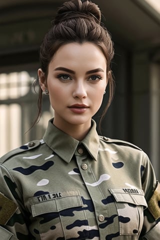 elegantly dresses in her army fatigues. hair in bun

photorealism:1.4