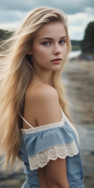 photorealistic,portrait of  Dutch teen girl, 16-years-old,  innocent face, (ultra realistic,best quality),photorealistic,Extremely Realistic, in depth, cinematic light, 1girl,(medium-long blonde  hair:1.4),outdoors,(front:1.3),(standing:1.3),seaside,cloudy sky,High-low skirt,(cowboy_shot:1.2),navel wavy hair, perfect lighting, vibrant colors, intricate details, high detailed skin, pale skin, intricate background, realism,realistic,raw,analog,portrait,photorealistic, taken by Canon EOS,SIGMA Art Lens 35mm F1.4,ISO 200 Shutter Speed 2000,Vivid picture,(((Accurate eyes))),Photorealistic:1.4,Dutch teen