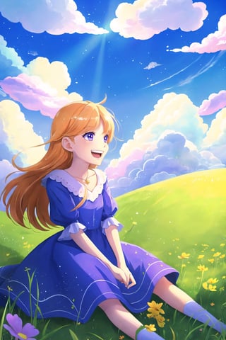 (masterpiece, best quality), digital illustration, volumetric lighting, 2d, anime visual, thick lineart, laughing, 8k,outdoors, sky, day, cloud,  blue sky, 1girl, dress, unique character design, cloud, depth of field, grass, sweetscape,full background, more detail XL,madgod,stop motion, peaceful, serene, shiny, sugar_rune,sugar_rune