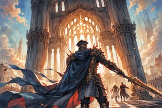 score_9, score_8_up, score_7_up, BREAK (Masterpiece), (insaneres), top quality, 8k, hyperdetailed, deep depth of field, motion blur, obelisk, extremely detailed, from below, man, mature male, cape, fantasy, warrior, armor, finely detailed artwork, holding sword, from behind, facing away, windy, fantasy world, dutch angle, (atmospheric, atmosphere. dark:1.3), volumetric lighting, godlight, watercolor_(/medium)