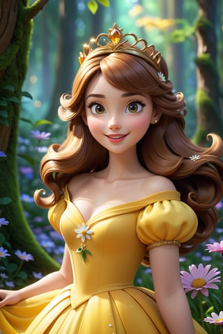 (masterpiece, best quality), top quality, cgsociety, hyperrealistic, (high fantasy:1.3), A highly photorealistic image of princess daisy, yellow dress, fairy village, enchanted forest, the style of pixar, very long hair, wavy mouth, bangs, nature, head tilt, royal, regal, elegant,  seductive smile, lipstick, aged up, woman, extremely detailed, shiny, deep and rich colors, intricate details, motion blur,  focus, no humans, (fantasy), various colors, gradient, 3d, colorful, transparent, bokeh, dreamlike, beautiful, volumetric lighting, 4K Unity, (muted colors, soothing tones), (deep depth of field), princess daisy, (cinematic), atmospheric perspective, sunlight, day, bloom, (glowing), floating particles, (raytracing:1.2), OC rendering, Color classification,hyperdetailed photography,  (super-detailed CG: 1.2), (8K: 1.2), c0raline_style,more detail madgod,sweetscape,madgod,stop motion,cl4mp,more detail XL, cinematic moviemaker style,disney style,glitter,glass shiny style,Strong Backlit Particles,Comic Book-Style 2d,2d,3D,art_booster