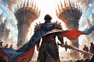 score_9, score_8_up, score_7_up, BREAK (Masterpiece), (insaneres), top quality, 8k, hyperdetailed, deep depth of field, motion blur, obelisk, extremely detailed, from below, man, mature male, cape, fantasy, warrior, holding sword, from behind, facing away, windy, fantasy world