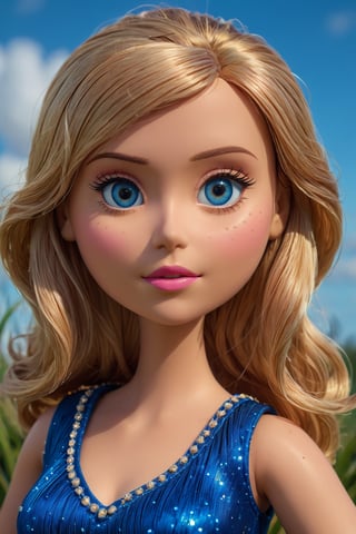 (beautiful detailed face,  beautiful detailed eyes), (((best quality, masterpiece))), c0raline_style,  (stop motion),  colorful, cinematic, aged up, mature female, portrait, upper body, (very long hair, wavy hair:1.2),  blonde hair, blue eyes, blue and white theme, gold trim, dress, pink lips, vogue, pinup, vintage, stylish, wind lift, focus, dreamy, extremely detailed and dynamic, fashion,  fashion pose, curvy, thick waist, beautiful, (hyperrealistic, (bangs:1.2), shiny skin, photoreal), cg unity wallpaper, high contrast, uhdr, pleated skirt, tank top, very long hair, hair between eyes, bangs, feathered trim,  full angle view, erfect female aatomy, sexy, bloom, top lighting, (shiny), fruit print, dynamic lighting, volumetric, deep depth of field:1.3), bokeh, expressive, half-closed eyes, lipstick, contrapposto, intricate design, floating particles, dark, outdoors, garden, nature, sky, grass, more detail XL,glitter, close-up,ts_barbie