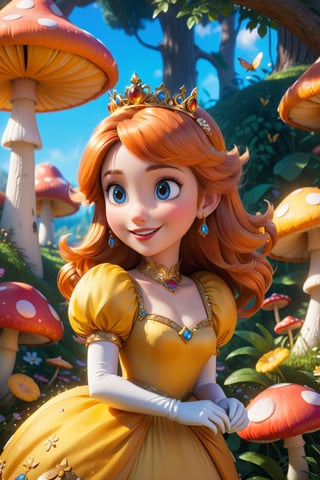 (masterpiece, best quality), top quality, cgsociety, hyperrealistic, (high fantasy:1.3), A highly photorealistic image of princess daisy, yellow dress, fairy village, enchanted forest, the style of pixar,  flipped hair, orange hair, nature, head tilt, royal, regal, elegant,  seductive smile, lipstick, aged up, woman, extremely detailed background, shiny, deep and rich colors, aged up, looking at viewer, intricate details, mushroom, lively, expressive face, wind lift, detailed face, detailed eyes, blue eyes, happy, laughing, motion blur,  focus, (fantasy), various colors, gradient, 3d, colorful, transparent, bokeh, dreamlike, beautiful, volumetric lighting, 4K Unity, (muted colors, soothing tones), (deep depth of field), princess daisy, (cinematic), atmospheric perspective, sunlight, day, bloom, (glowing), floating particles, (raytracing:1.2), OC rendering, Color classification,hyperdetailed photography,  (super-detailed CG: 1.2), (8K: 1.2), c0raline_style,more detail madgod,sweetscape,madgod,stop motion,cl4mp,more detail XL, cinematic moviemaker style,disney style,glitter,glass shiny style,Strong Backlit Particles,Comic Book-Style 2d,2d,3D,art_booster,Mario1024