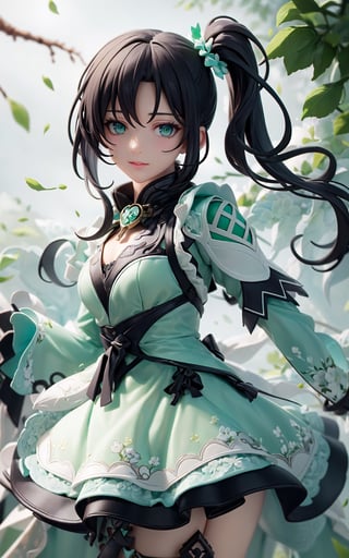 (masterpiece, best quality:1.3), 8k, insaneres, finely detailed face, detailed eyes, woman, flower dress, colorful, flower armor,green theme,exposure blend, side ponytail, sidelocks, hyperrealistic, medium shot, (cowboy shot:1.3), dynamic pose, wink, bokeh, (hdr:1.4), high contrast,BiophyllTech