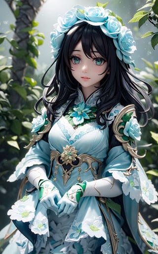 (masterpiece, best quality:1.3), 8k, insaneres, finely detailed face, detailed eyes, woman, flower dress, colorful, flower armor,green theme,exposure blend, medium shot, bokeh, (hdr:1.4), high contrast,BiophyllTech