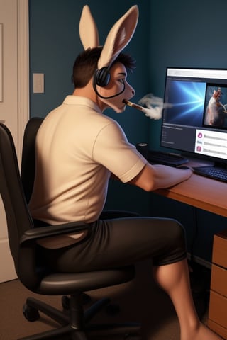 uploaded on e621, ((by Meesh)) anthro, Bunny, male, adult, slender, soft fur, sweat pants(Cock Exposed), tight >black< shirt (random shirt Logo), sitting at desk, looking at Computer(gaming), Smoking Joint in mouth, realistic fur, detailed background, bedroom background, sitting in chair(at Desk), livestreaming, Headset(on ears), LEDS (Room accents), realistic, photorealistic, ultra realistic, 8k,