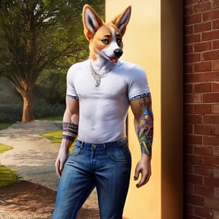 anthro (Corgi), Male, adult, toned body, 5'7"(tall). tight (random colored) Shirt, dark denim jeans, realistic fur, fur, star shaped tattoo, Hazel_eye_color. realistic fur texture:1, detailed background, Random Home_Location background, photorealistic, hyper realistic, ultra detailed, Full body Photo,aurelion sol (lol), Tongue Blep,