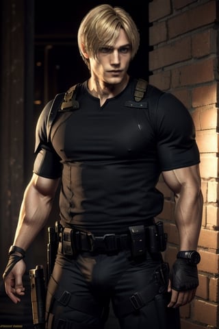 RE4Leon Blonde man, Tall and strong man dressed as SWAT uniform black, he got Blonde hair, Blonde men. SWAT uniforme of usa black. Beautiful strong man, defined muscles marked on clothes
