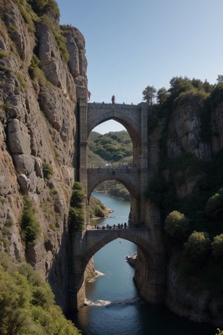 Puente de piedra cruzando mundo épico medieval personas transitando para cruzarlo