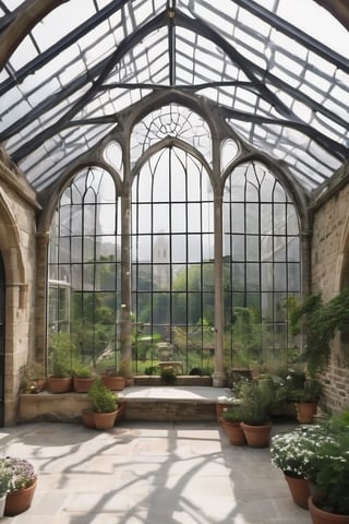 Olympic castle Patio overlooking greenhouse. Howards of Harry Potter castle reference, (white walls) Enredaderas