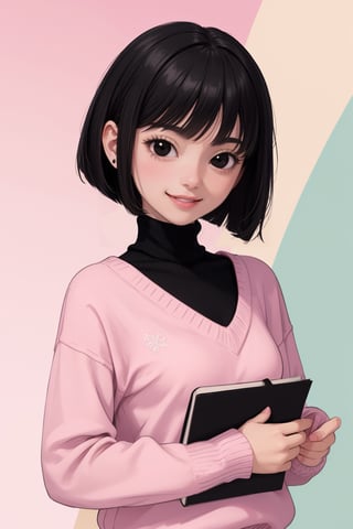 masterpiece, best quality, 1women 27 years, flatchest, facefull, smiling and holding a note book. ( black hair bob cut style, black eyes) , (high image quality, high definition, wallpaper quality) Pastel colours, custome pink Sweater 