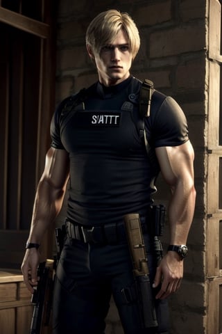 RE4Leon Blonde man, Tall and strong man dressed as SWAT uniform black, he got Blonde hair, Blonde men. SWAT uniforme of usa black. Beautiful strong man, defined muscles marked on clothes
